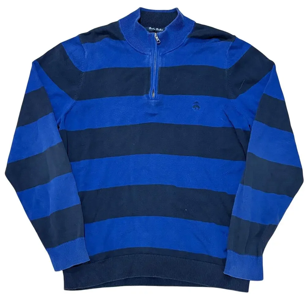 Brooks Brothers Fleece Men’s Quarter Zip 1/4 Black Blue Striped Sweater Size XL